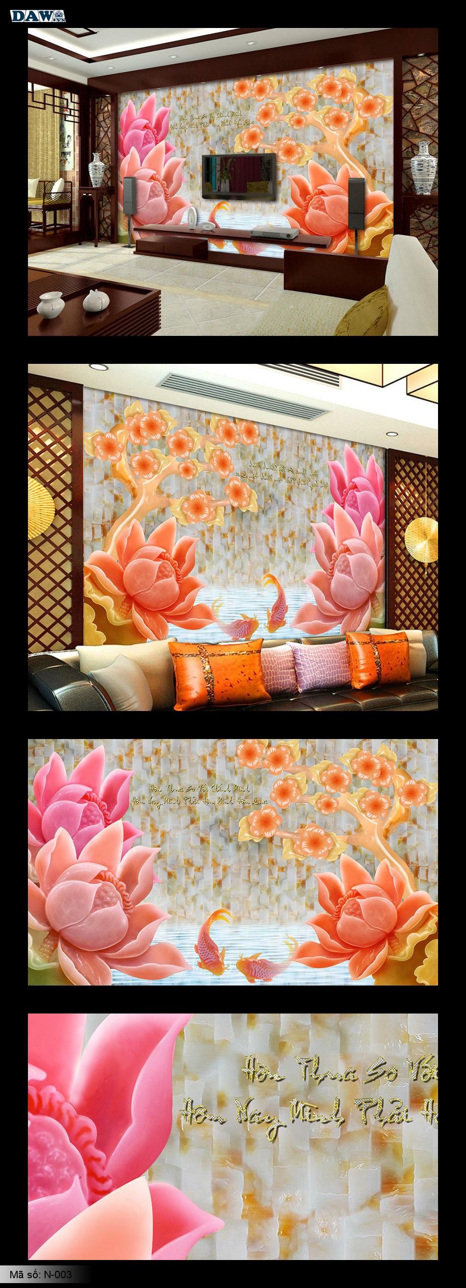 Tranh dán tường 3D, ngọc nổi, giả ngọc 3D, tranh ngọc màu hồng, màu đỏ, tranh hoa sen đẹp N-003 ​