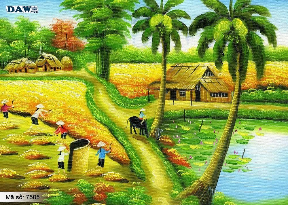 Tranh dán tường làng quê Việt Nam, phong cảnh Việt Nam, cây đa bến nước con đò, tranh đồng quê, tranh khổ lớn, tranh 3D 7505​