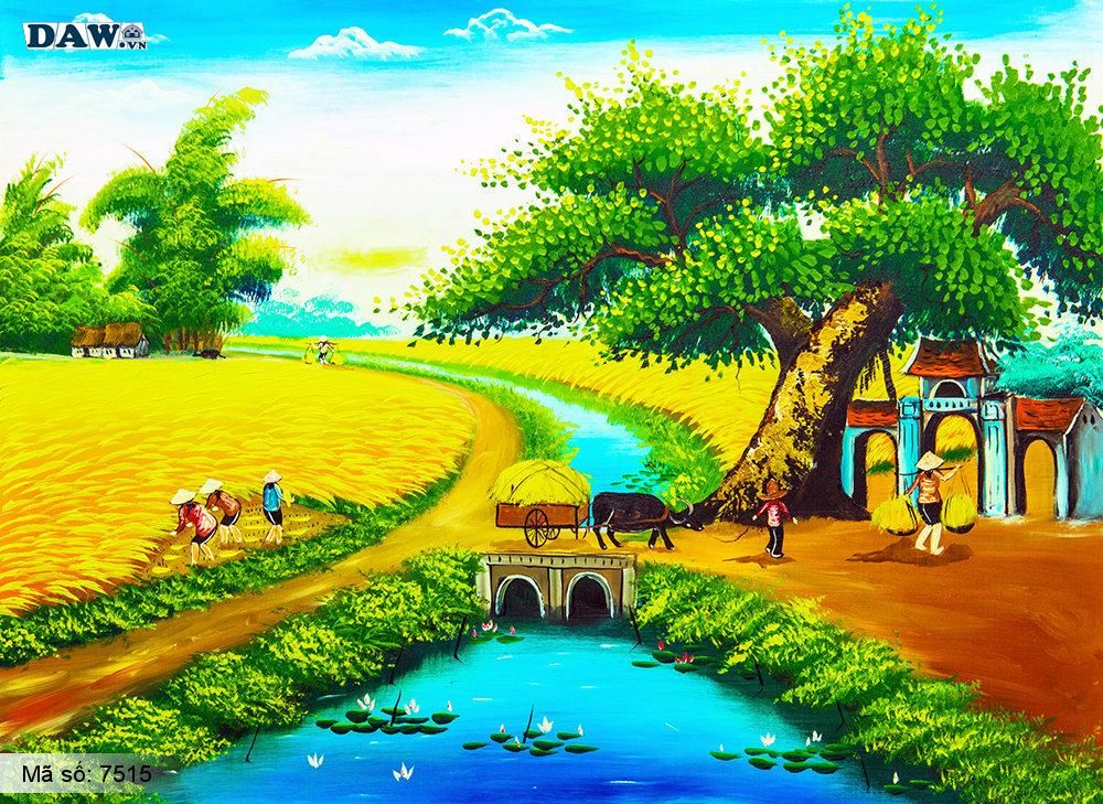 Tranh dán tường Tphcm, làng quê thu hoạch lúa cuối mùa, bến nước, cây đa, đình làng, tranh vẽ 7515