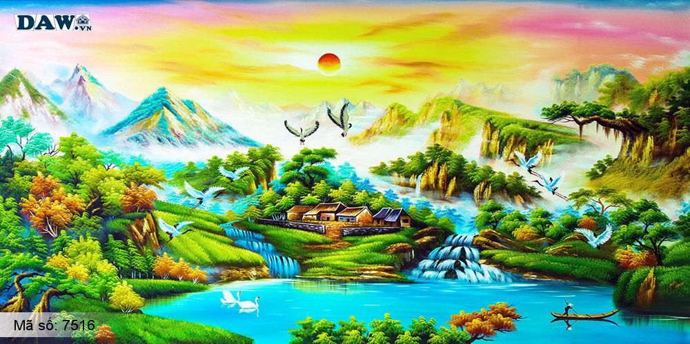 Tranh dán tường Tphcm, phong cảnh thiên nhiên trên núi lúc hoàng hôn, thác nước, cò bay, tranh vẽ 7516