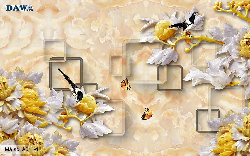 Tranh dán tường 3D, tranh dán tường Hàn Quốc, tranh ngọc A011-1, Cành hoa, lá, chim 3D giả ngọc nổi, tranh khổ ngang