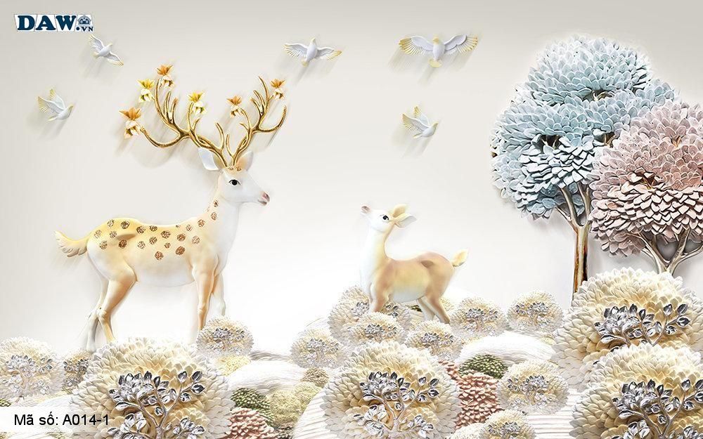 Tranh dán tường 3D, tranh dán tường Hàn Quốc, tranh ngọc A014-1, Động vật, hoa lá, giả ngọc nổi 3D