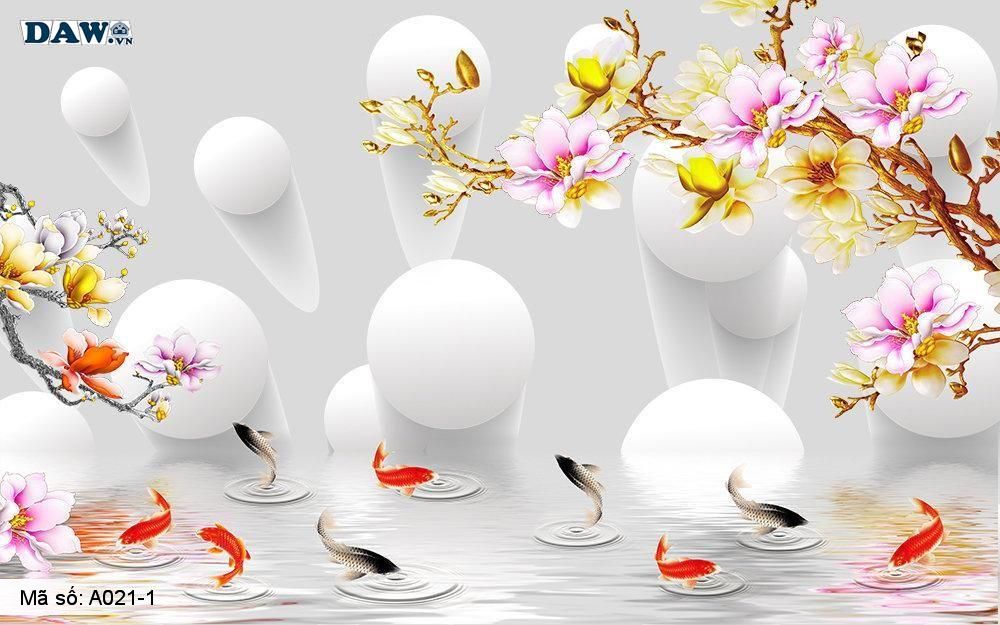 Tranh dán tường 3D, tranh dán tường Hàn Quốc, tranh ngọc A021-1, Cành hoa, cá, nước giả ngọc nổi 3D
