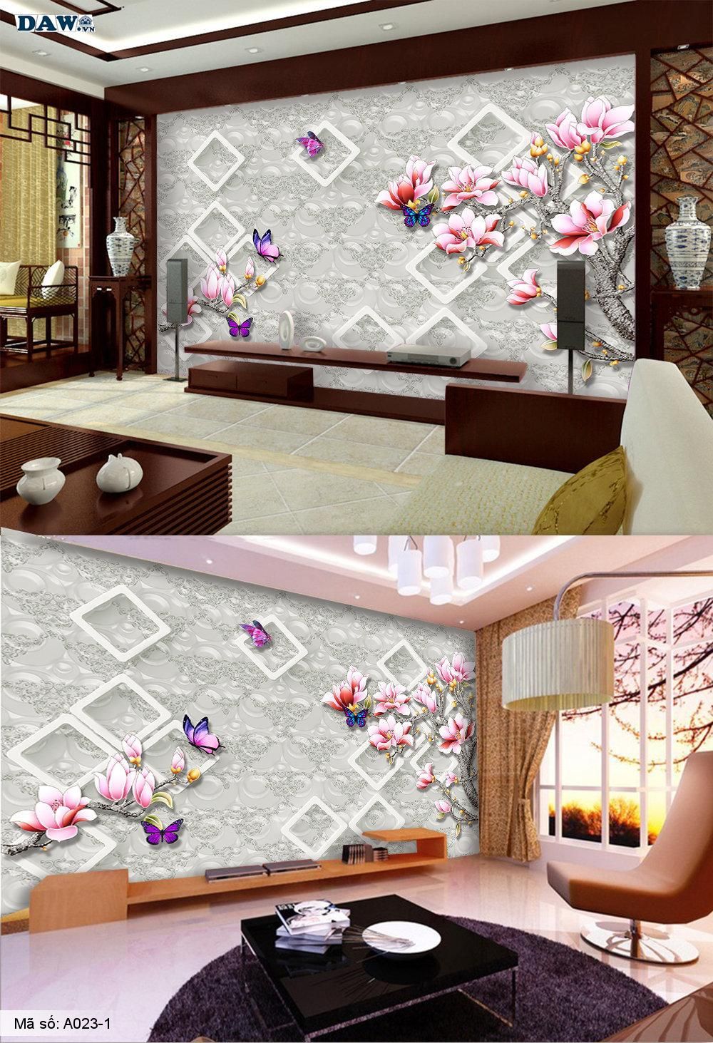 Tranh dán tường 3D, tranh dán tường Hàn Quốc, tranh ngọc A023-1, Cành hoa, hoa văn giả ngọc nổi 3D