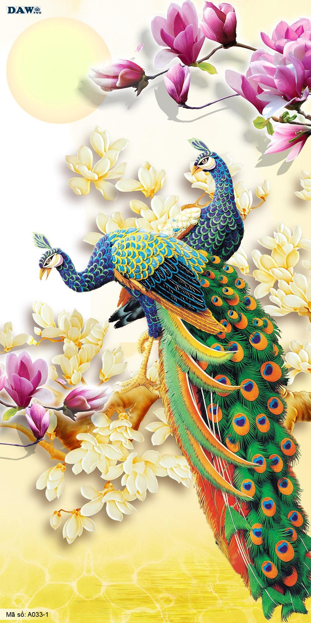 Tranh dán tường 3D, tranh dán tường Hàn Quốc, tranh ngọc A033-1, Hoa văn, bình hoa, cành hoa, chim 3D, tranh khổ ngang