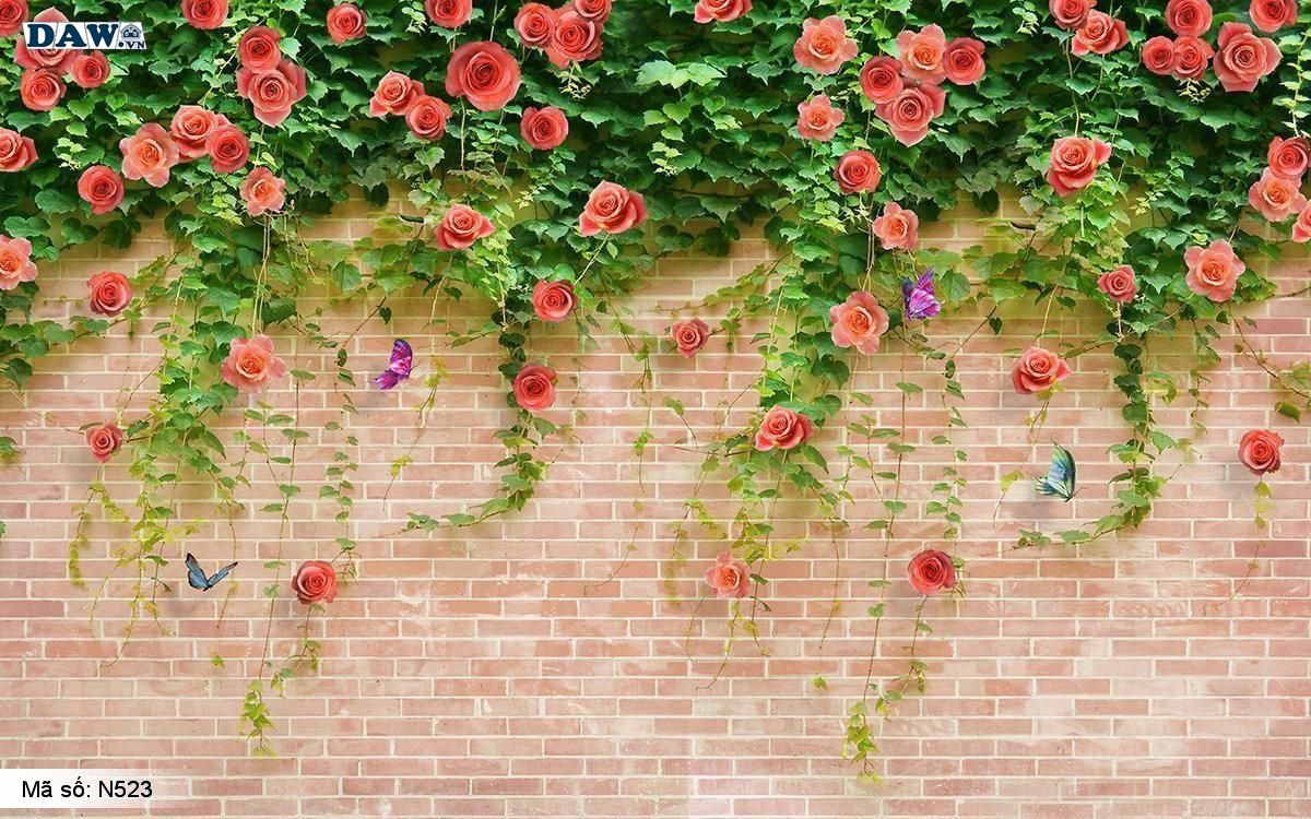 ​​​Tranh dán tường dây leo, hoa leo tường, giàn hoa treo tường gạch đỏ N523