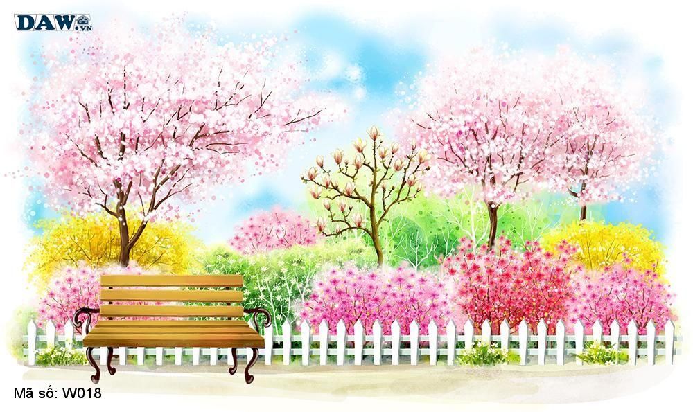 Tranh dán tường 3D phong cảnh thiên nhiên, tranh vẽ công viên, vườn cây, vườn hoa W018​