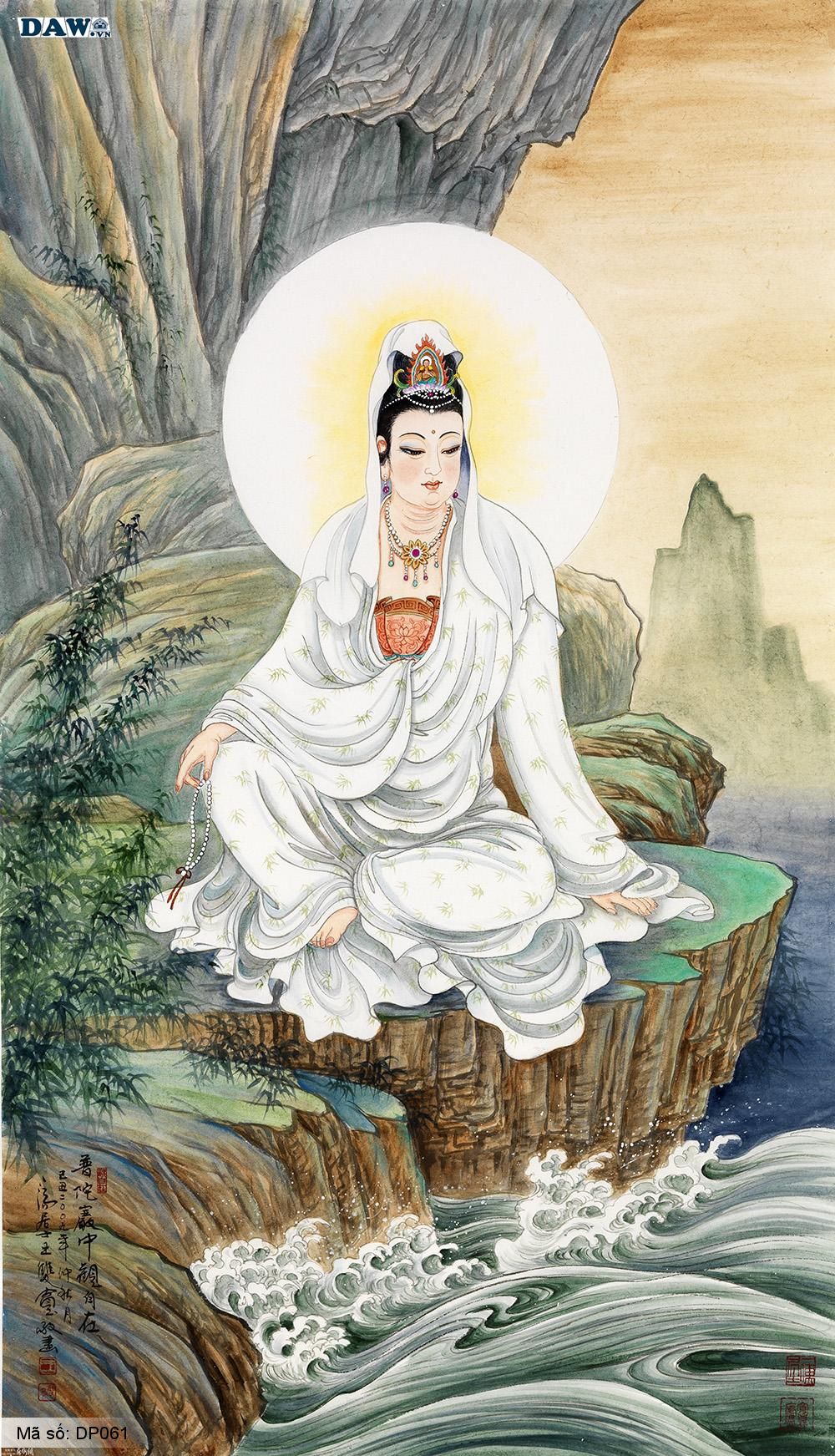 Tranh Dán Tường 3D Hàn Quốc, Hình Ảnh Tượng Phật Bà Quan Âm Ngồi Bên Dòng